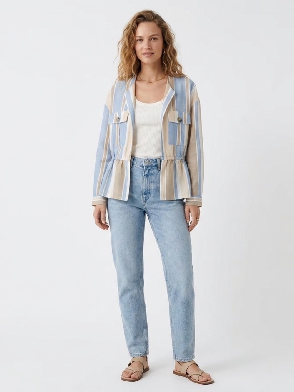 Zara Striped Open-Front Striped Linen-Blend Peplum Jacket in Blue & Cream. XL